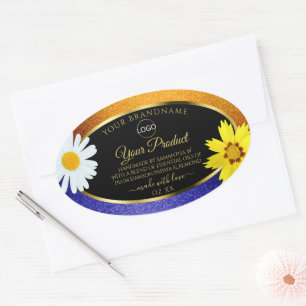 Floral Orange Blue - Etiquetas de produto preto co