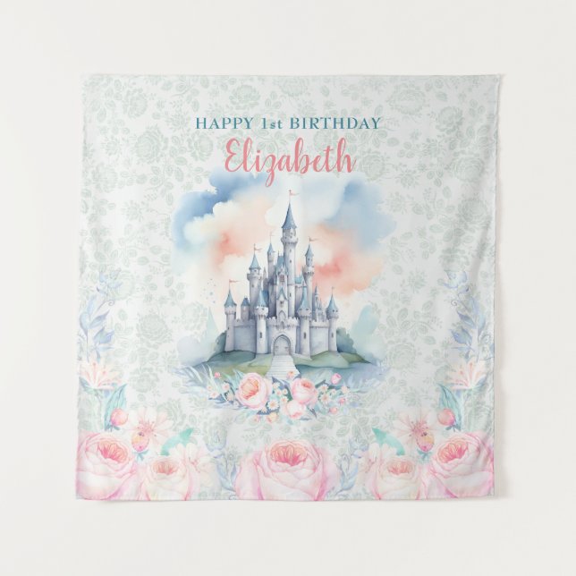 Floral Pastel Princess Castle Backdrop & Tapeçaria (Frente)