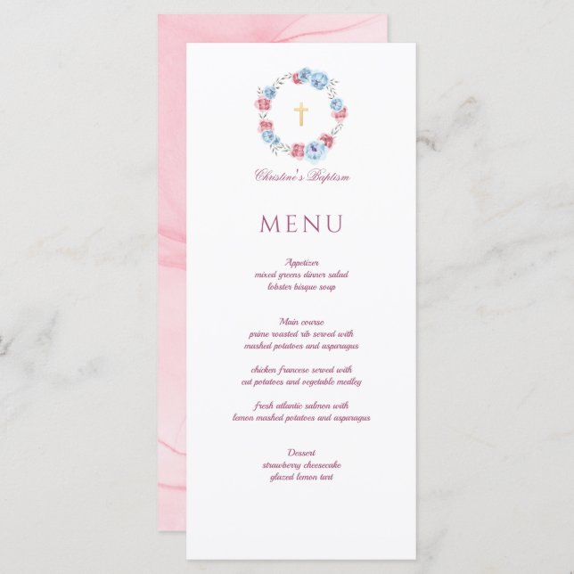 Floral Peony Wreath Baptism Menu Christening (Frente/Verso)