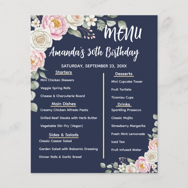 Floral Personalized Birthday Menu Program Card (Frente)