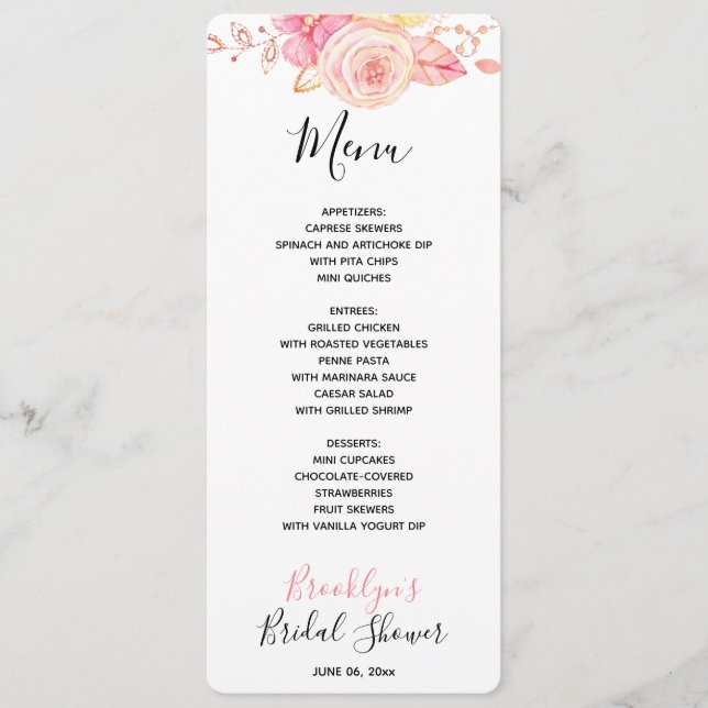 Floral Pink Bridal Shower Menu Card (Frente)
