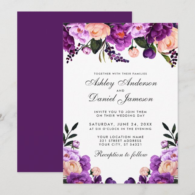 Floral Puro Ultra Violeta | Convite para Casamento (Frente/Verso)
