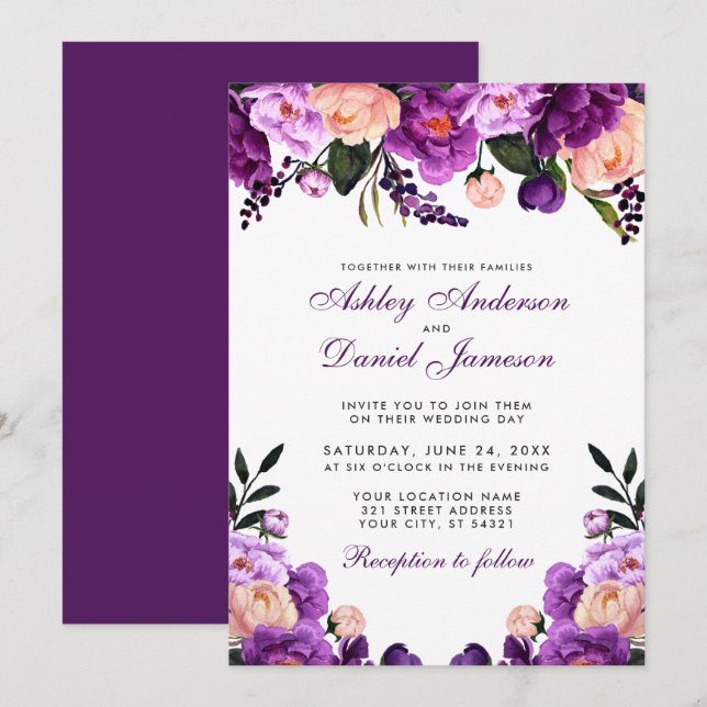 Floral Puro Ultra Violeta | Convite Para Casamento (Frente/Verso)