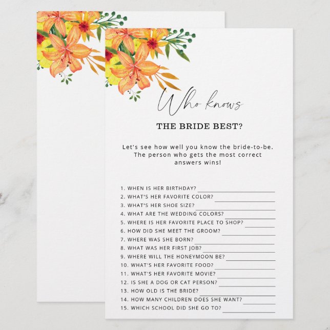 Floral Quem conhece o melhor jogo da noiva (Frente/Verso)