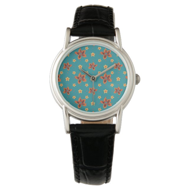 Floral Retro e Bolinhas em Relógio de Pulso Azul T (Frente)