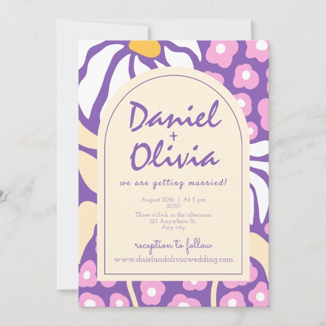 Floral Retro Roxo com Convite de Casamento QR (Frente)