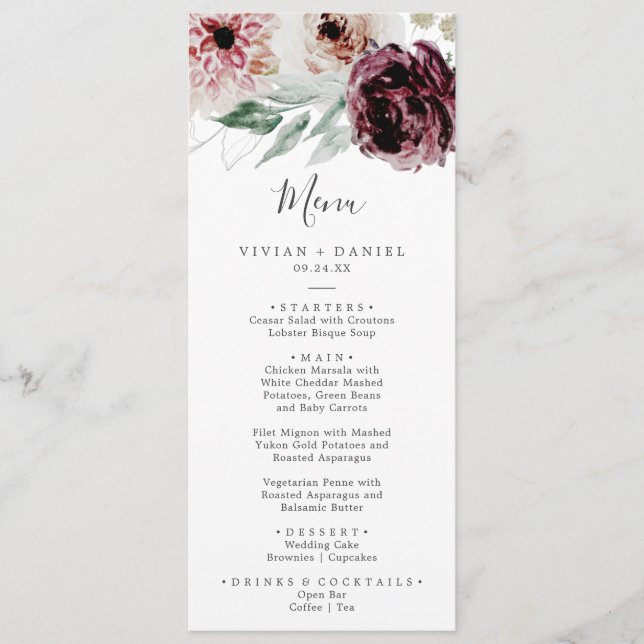 Floral Romance Janto Casamento Menu (Frente)