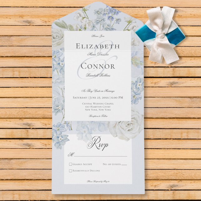 Floral Romântico Azul e Jardim Branco Sem Janto (Romantic Soft Blue & White Garden Floral No Dinner All In One Invitation)