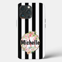 Floral Rosa Chic Monogramada Listras Pretas e Bran