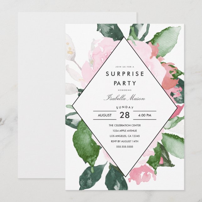 Floral Rosa | Convite de festas surpresa (Frente/Verso)