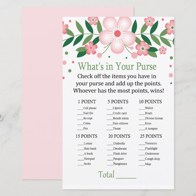 Floral Rosa O que há no seu jogo de bolsa (Frente/Verso)