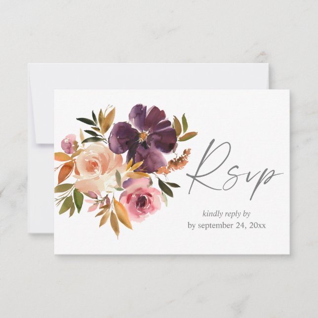 Floral rosa púrpura e pálido com placa RSVP de Ref (Frente)