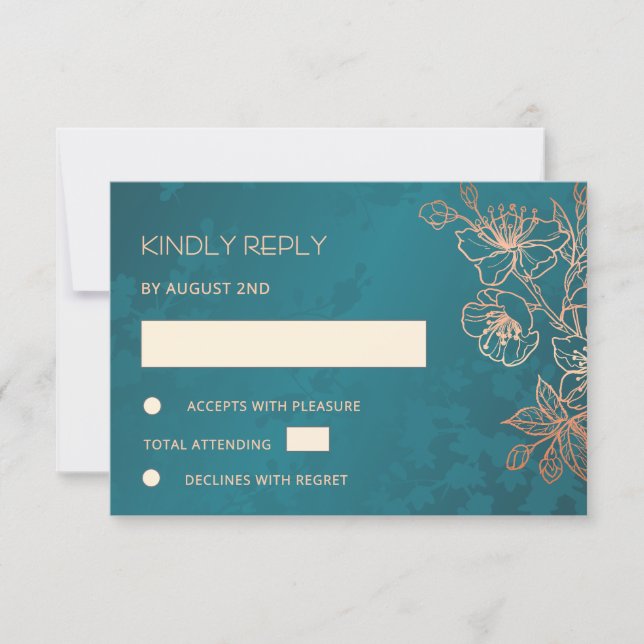 Floral Rose Gold Teal Wedding RSVP (Frente)