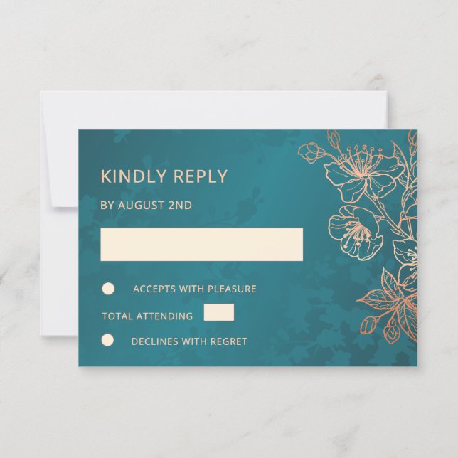 Floral Rose Gold Teal Wedding RSVP (Frente)