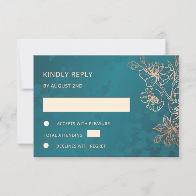 Floral Rose Gold Teal Wedding RSVP (Frente)