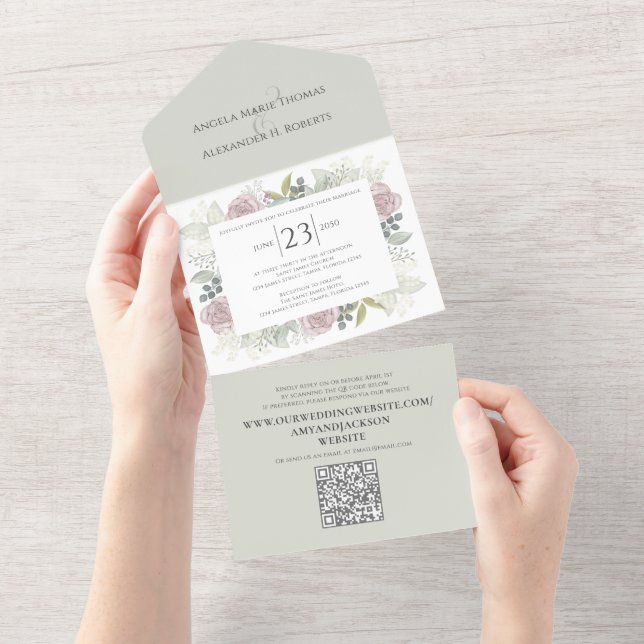 Floral Sage Dusty Rosa Classic Greenery Código QR (Tearaway)