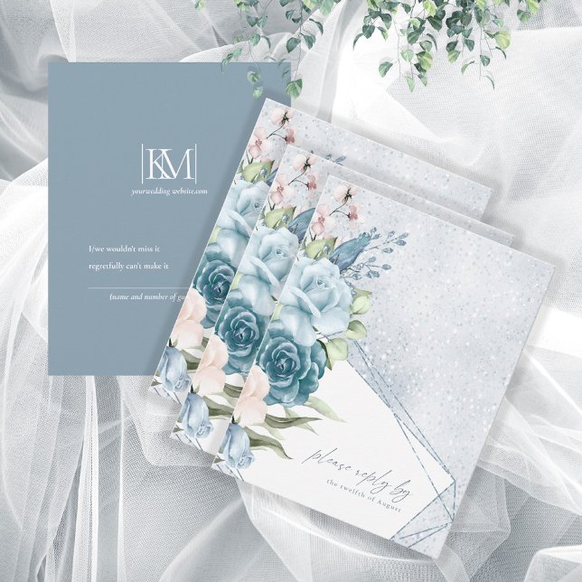 Floral Sparkles Wedding RSVP Dusty Blue ID889 (Criador carregado)