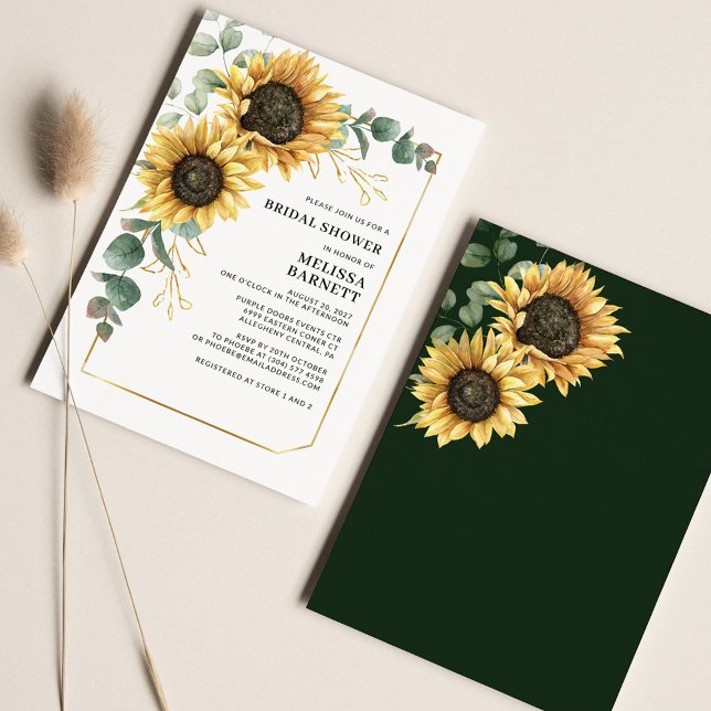 Floral Sunflower Eucalyptus Chá de panela Invite (Eucalyptus Sunflower Bridal Shower Front and back alt view)