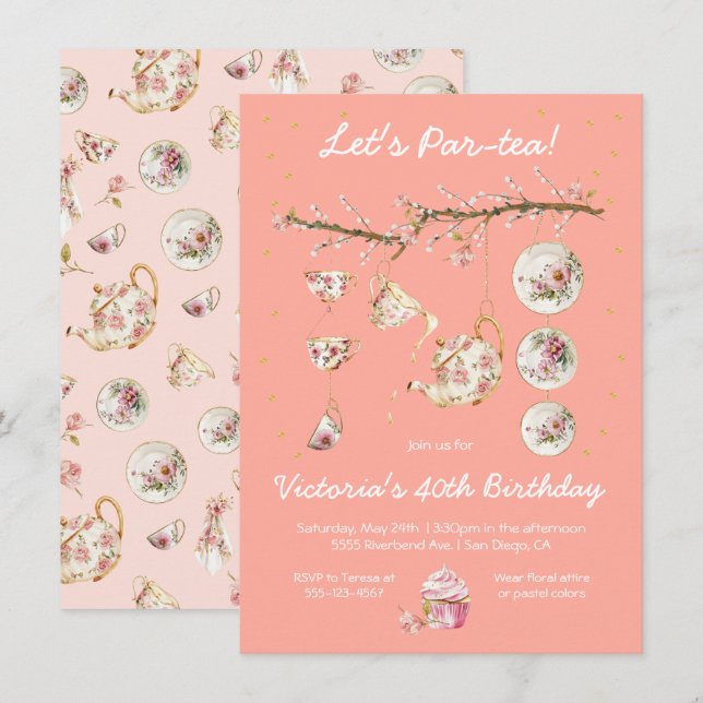 Floral Tea Party Branch Birthday Convite (Frente/Verso)
