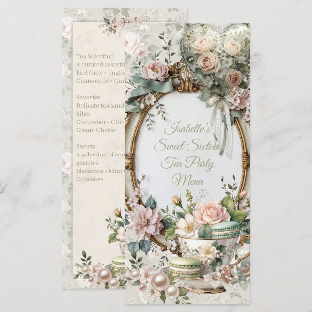 Floral Tea Party Sweet 16 Menu Card (Frente/Verso)