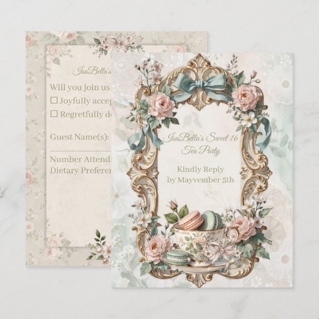 Floral Tea Party Sweet 16 RSVP Card (Frente/Verso)
