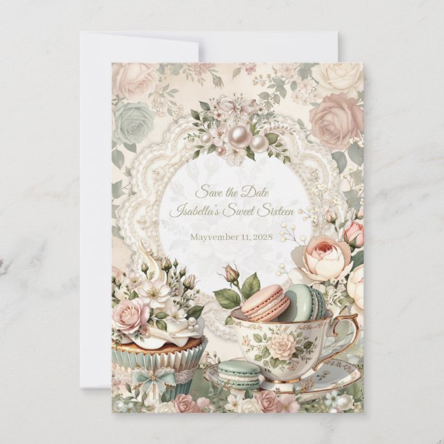 Floral Tea Party Sweet 16 Save the Date Card (Frente)