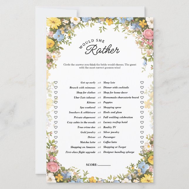 Floral Tea Party Would She Rather Bridal Game (Frente)
