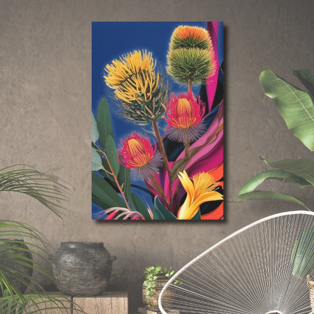 Floral Trabalho de arte Impressão Botânica Austrál (Surreal Wildflower Australian Botanical Canvas with floral greenery, colorful wall art)