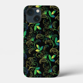 Floral Verde, Azul e Amarelo em Fundo Preto