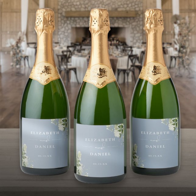 Floral Verde Elegante Casamento Azul Poeirento (Greenery Floral Elegant Dusty Blue Wedding Sparkling Wine Labe)