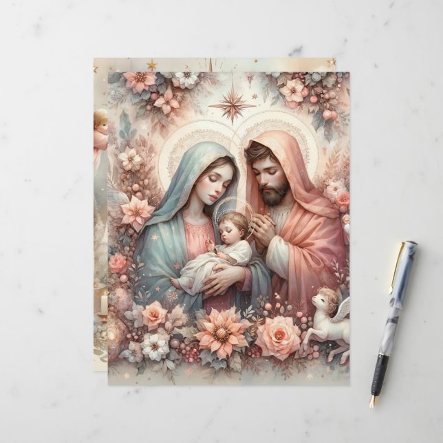 Floral Watercolor Baby Jesus Scrapbook Paper (Frente/Verso In Situ)