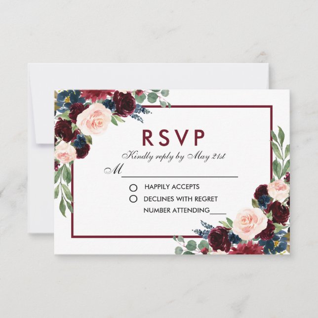 Floral Watercolor Blue Burgundy Casamento RSVP (Frente)