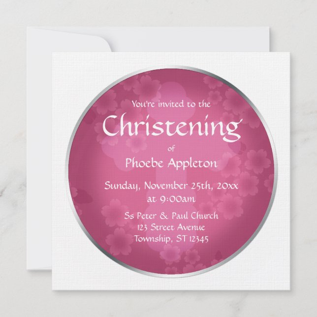 Floral Watermark Fuchsia Christening Convites (Frente)