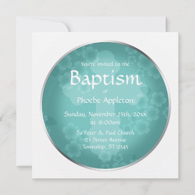 Floral Watermark Turquoise Baptism Convites (Frente)