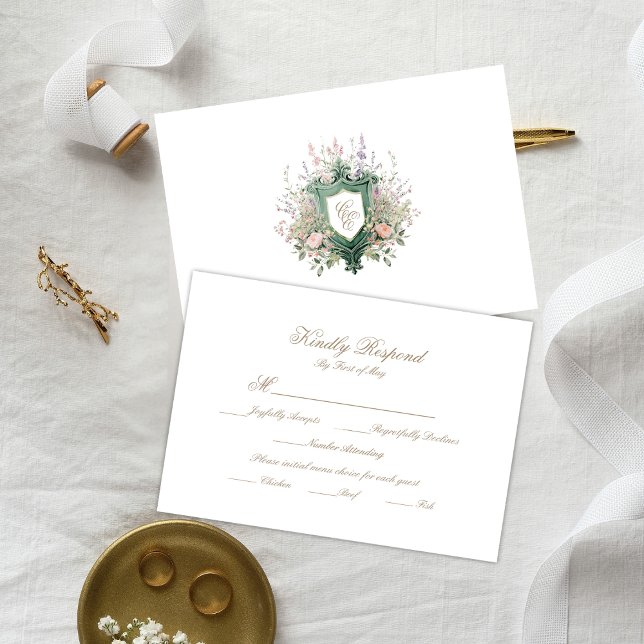 Floral Wedding Monogram Crest RSVP Card (Criador carregado)