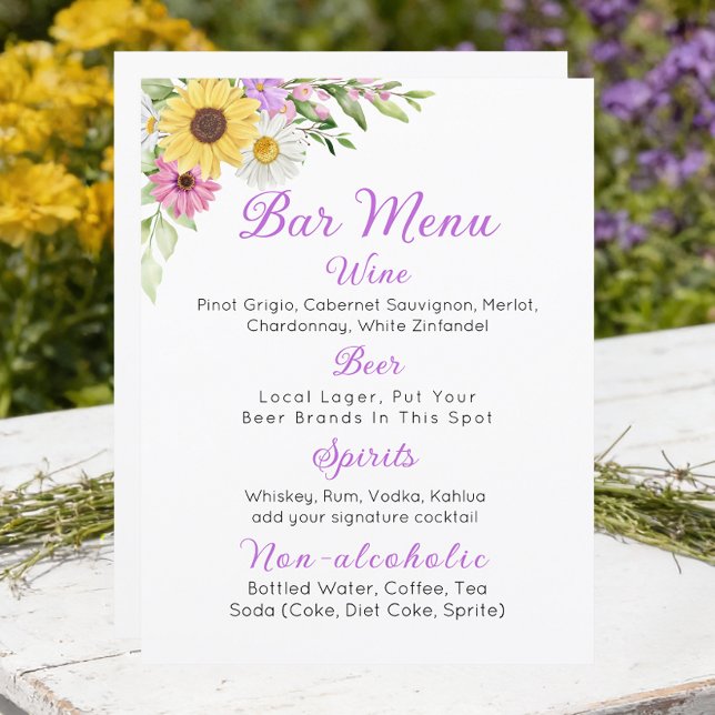 Floral Wedding Wildflower Sunflower Daisy Bar Menu (Criador carregado)