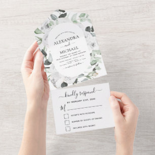 Floral White Roses Eucalyptus Wedding RSVP