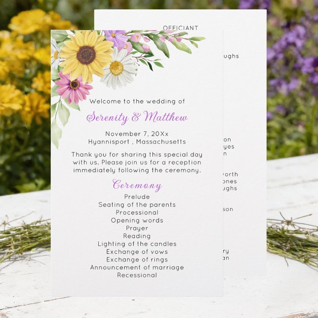 Floral Wildflower Sunflower Daisy Wedding Program (Criador carregado)