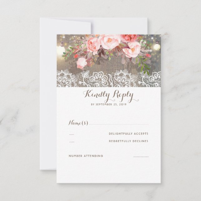 Floral Wood e Lace Wedding RSVP (Frente)