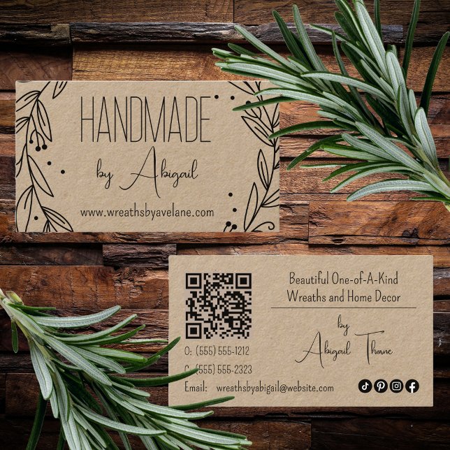 Floral Wreath | Cartão de visita artesanal (Floral Line Art Wreath "Handmade" Handcrafted Business Card)