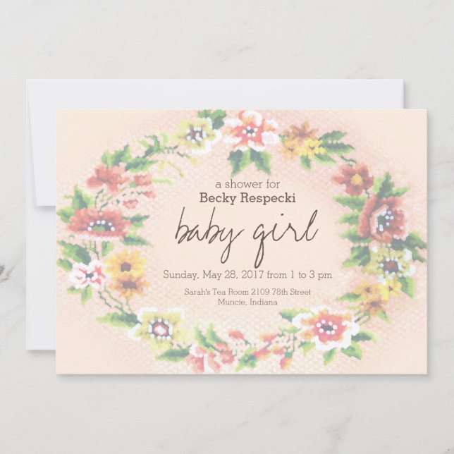 Floral Wreath Cross-stitch Chá de fraldas Convite (Frente)