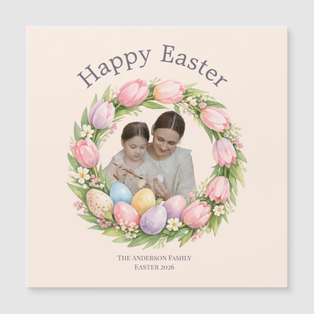 Floral Wreath & Family Photo Personalized Easter  (Frente)