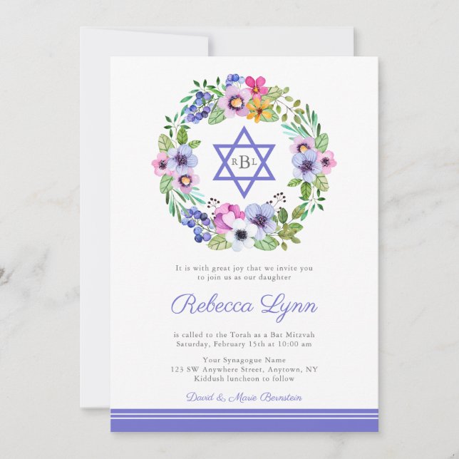 Floral Wreath Garden Bat Mitzvah Convites (Frente)