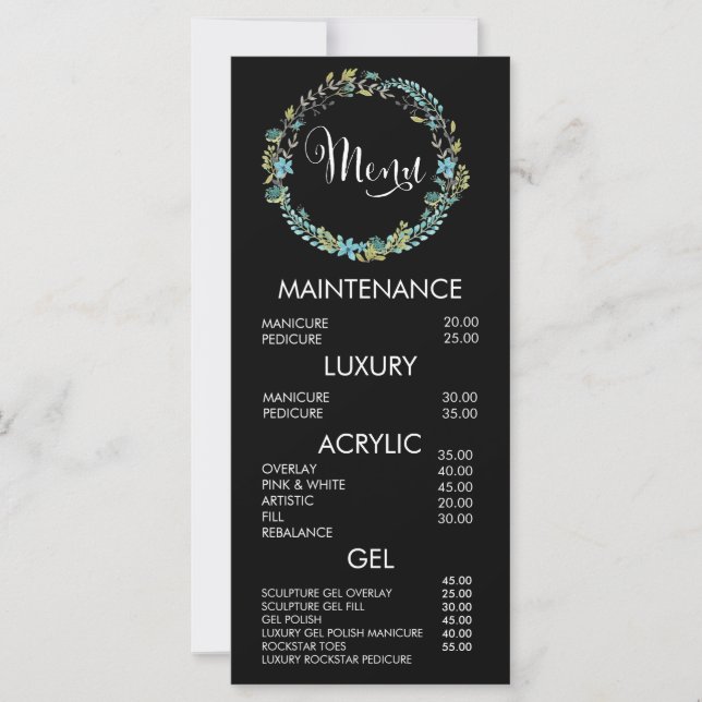 Floral Wreath Salon Menu Price List Card (Frente)