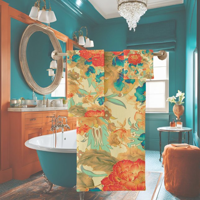 Florals Teal, Peach, Teal com Ornamentados Toalha (Criador carregado)