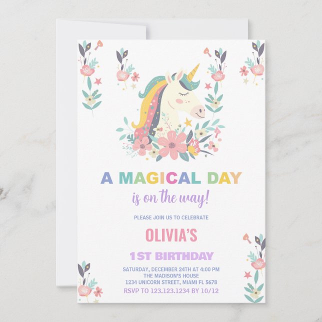Florals Unicorn - Convites de Aniversário (Frente)