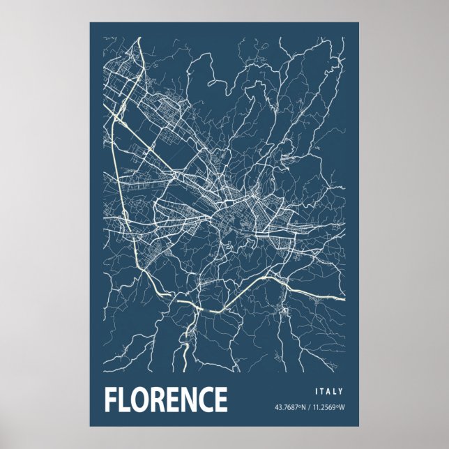 Florence Itália - Mapa Linha Art Blue Impressão (Frente)