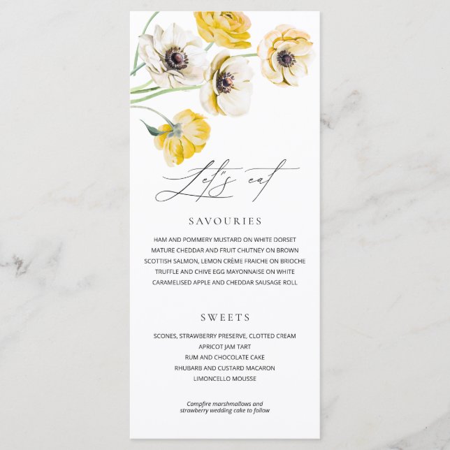Flores Amarelas de Verão Menu de Casamento Minimal (Frente)