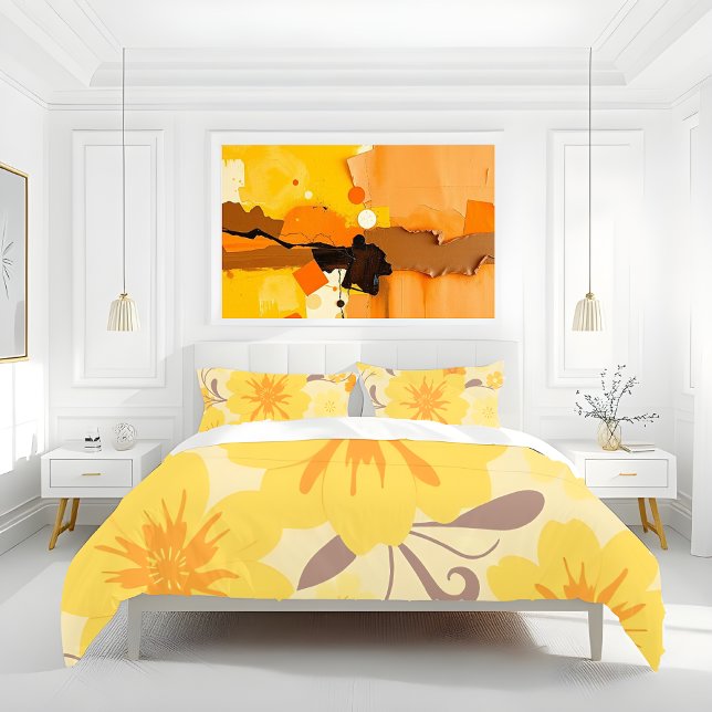 Flores Amarelas-Florais Retrovisoras (Retro Sunshine Flowers-Butter yellow, tangerine orange and mocha mousse- Duvet cover and Pillow case)
