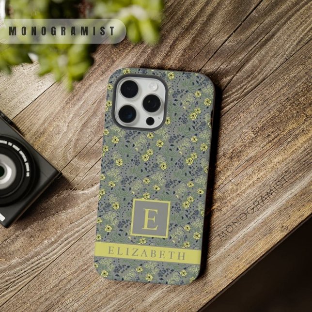Flores Amarelas Florais Verde Cinza Personalizávei (Customizable Grey Green Floral Yellow Flowers iPhone Case)
